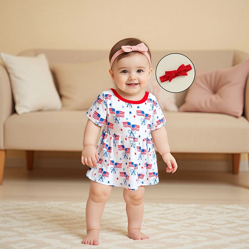 Infant Girls Patriotic Romper Dress with Bow Headband American Flag Print Short Sleeve Summer Outfit Jumpsuit for Independence