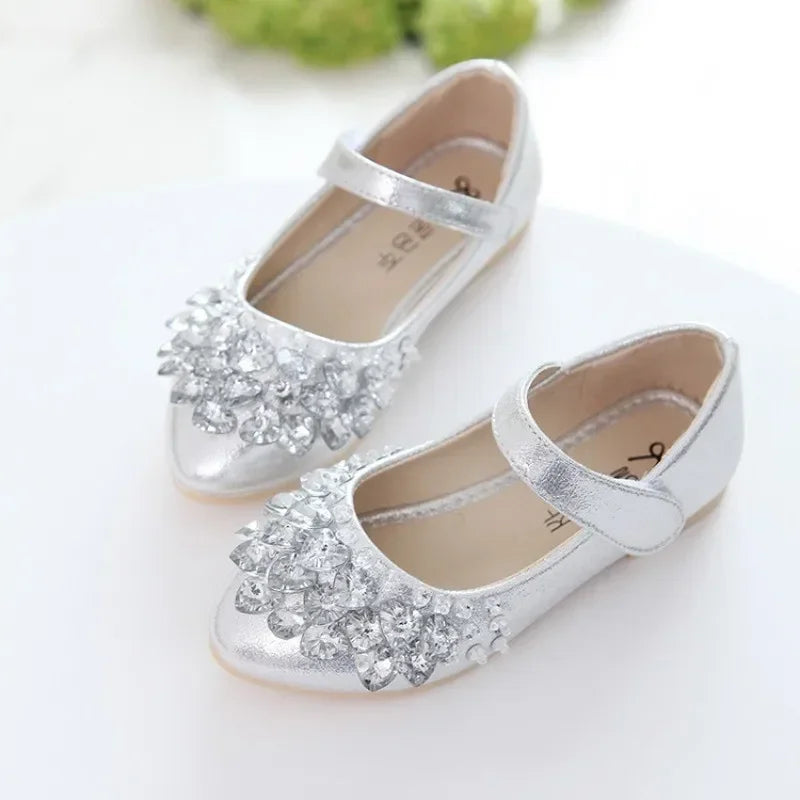 Girls Crystal Shiny Princess Shoes Kids Sweet Flats Performance Shoes Fashion Children's Leather Shoes for Party Wedding
