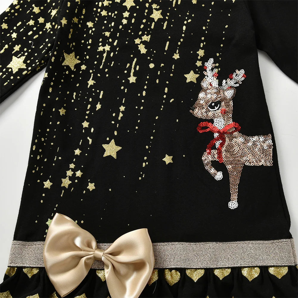VIKITA Girls Christmas Dress Kids Golden Stars Reindeer Sequined Appliqued Festival New Year Holiday Party Bow Knot Gift Dresses