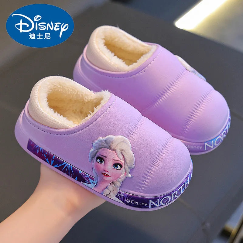 Disney Princess Elsa Girls' Cotton Frozen Winter Waterproof Wool Slippers Cartoon Parent Children's Blue Slippers Size 24-36