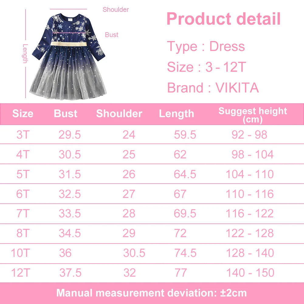 VIKITA Girls Snowflakes Print Christmas New Year Xmas Festival Princess Elegant Dresses Kids Long Sleeve Autumn Winter Dresses