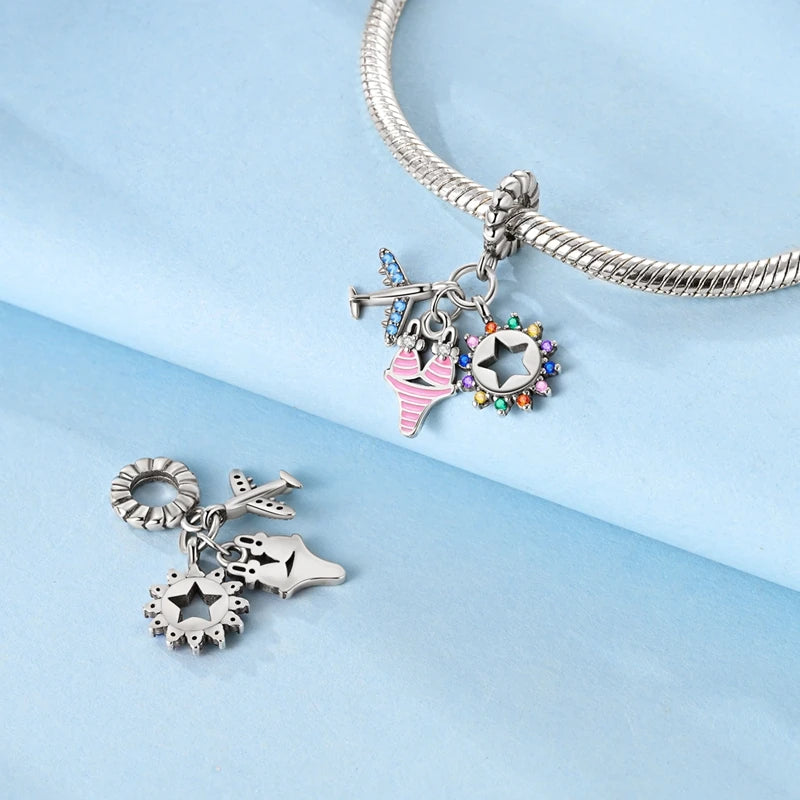 Pink Series Original 925 Sterling Silver Charm Bead Travel Airplane Pendant Fit Original Bracelet Necklace For Women DIY Gift