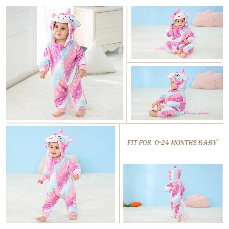 MICHLEY Halloween Costume Infant Baby Clothes Rompers Winter Flannel Hooded Bodysuits Pajamas Animals Overall Jumpsuit For Bebe