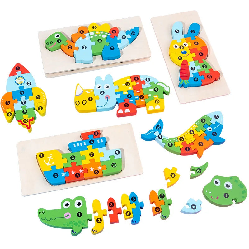 3D Stereoscopic Montessori Wooden Puzzle Cartoon Dinosaur Animal Shape Color Cognitive Educational Game Toy Kids Birthday Gift