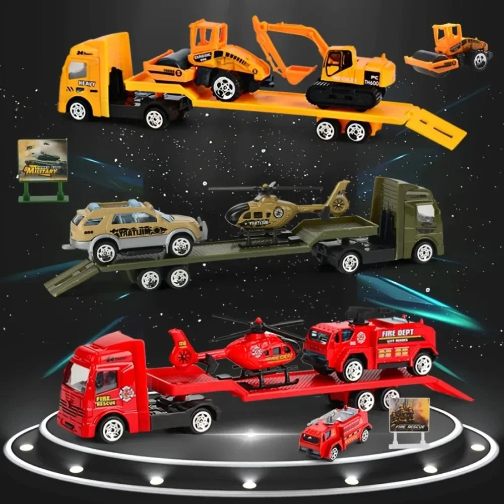Friction Powered Carrier Truck Toy Push and Go Construction Car Toy Alloy Tow Trailer Trucks Set Gift for Toddlers Boys Girls