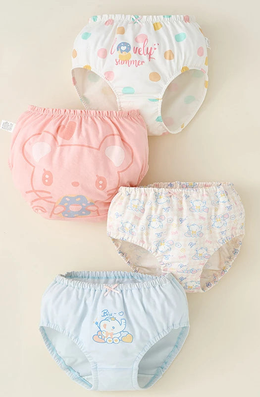 4PCS Cotton Soft Antibacterial Briefs for Girls Breathable Comfort Panties 3+y Young Children Clothing Kids Cute Print Underwear