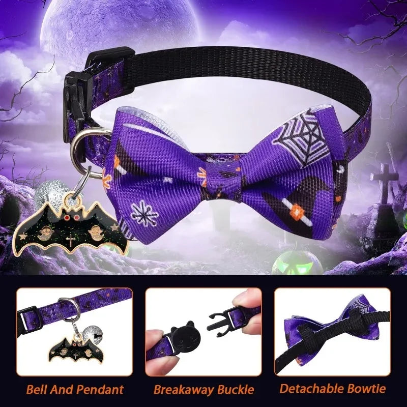 1/4 Pcs Halloween Cat Collar with Bow Tie & Bell Adjustable Breakaway Kitten Collar for Kitty Kitten Adult Cats Dog Pet Supplies