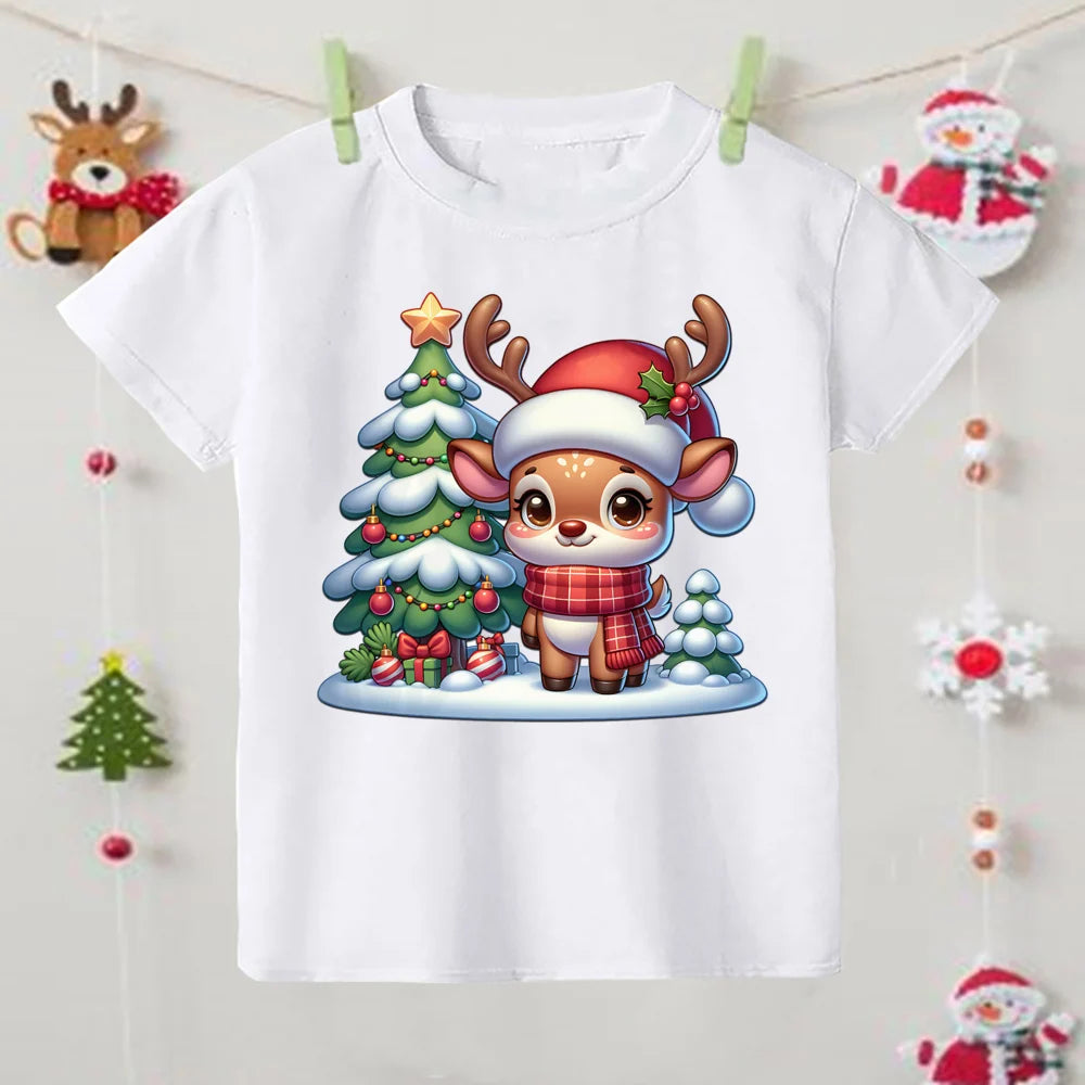 Christmas Fashion Kid Tee Top Round Neck Santa Claus/Tree/Snowman/Elk Print Shirt for Boy Girl Clothes Kids Unise