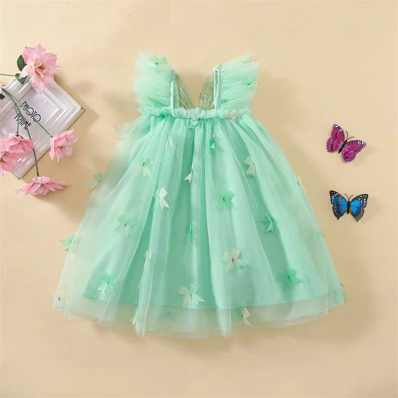 Elegant Baby Girl Lace Dress Sleeveless Square Neck Bow Tulle Princess Dress Toddler Party Dress with Angel Wings