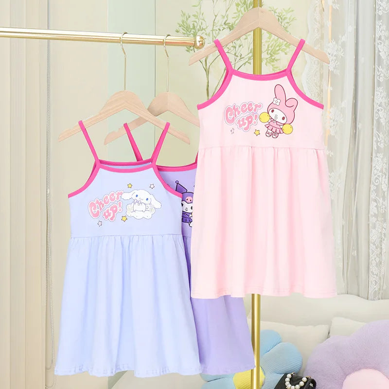 Sanrio Hello Kitty Girl Summer Cotton Fashion Kuromi Printed Slip Casual Comfortable My Melody Dresses Birthday Clothes Vestidos