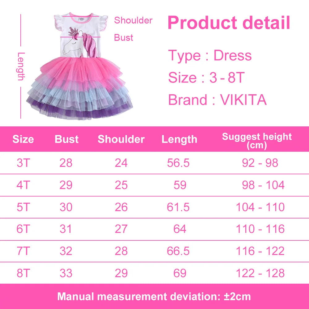 VIKITA Girls Tutu Dress Toddlers Summer Flare Sleeve Princess Dresses Girl Unicorn Cartoon Party Layered Dress Children Clothing