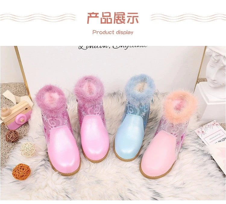 Disney Girls' Boots Winter Fashion Frozen Elsa Princess Children's Short Girls' Cotton Fur Ankle Boots Girls' Pink Shoes Size 25