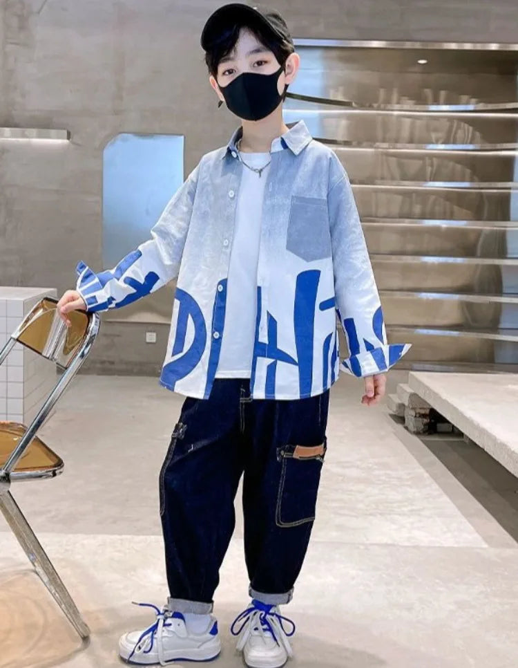 2025 Trendy Tween Boys Gradient Shirt Spring Autumn Summer Kids Clothing Hot Sale Unique Fashion Design