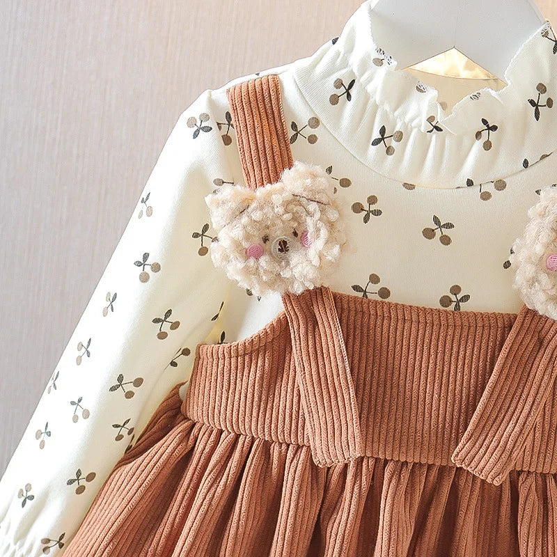 New Fall New Girls Dress Fake Two Upper Body Knitwear Suspenders Corduroy Floral Bear Fluffy Lace Pleated Sweet Princess Dress