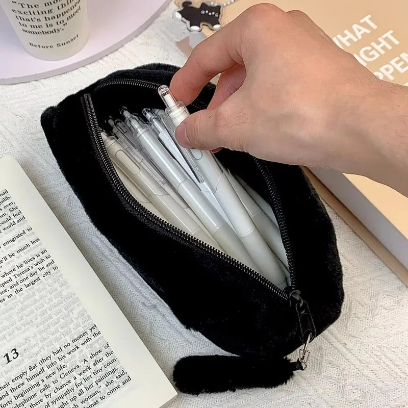 Pen Bag Large Capacity Cute Black Cat Plush Cartoon Stationery Pencil Case Cute Storage Bag Supplies Student Back To School Gift