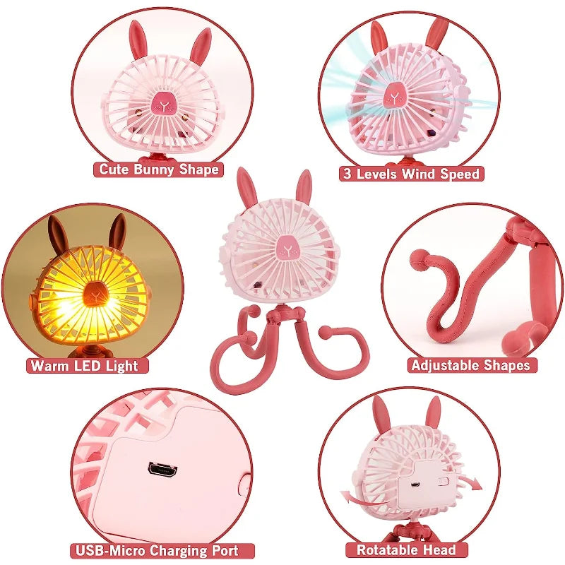 Baby Stroller Cooling Fan, Portable Fan with Tripod Clip on, Handheld Fan USB Rechargeable for Bed, Car Seat, Travel, Camping