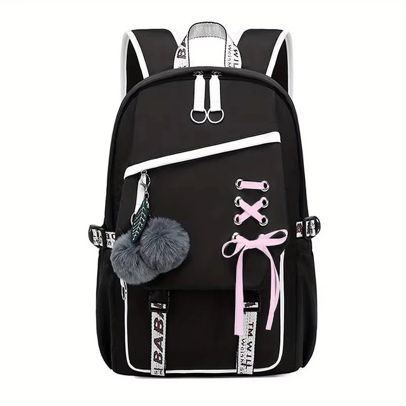 Large Capacity Schoolbag with Cute Plush Pendant Cute Girls Backpack Waterproof Nylon Fabric Bookbag for Kids Teens Students