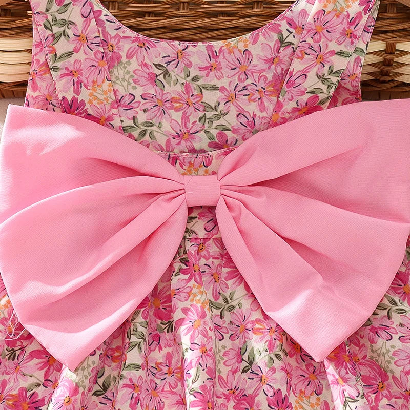 Summer New Floral Baby Girl Dress, Sweet Rose Red Bow Children'S Clothing With Free Hat For Babies Aged 9 Months To 3 Years