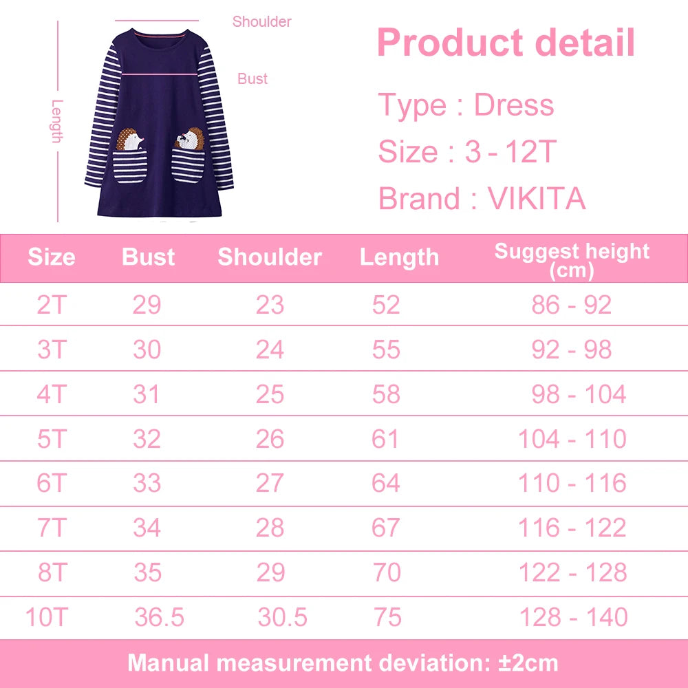 VIKITA Children Cartoon Dress Girls Cotton Casual Daily Autumn Spring Dress with Pockets Kids Straight Dresses Kids Clothes