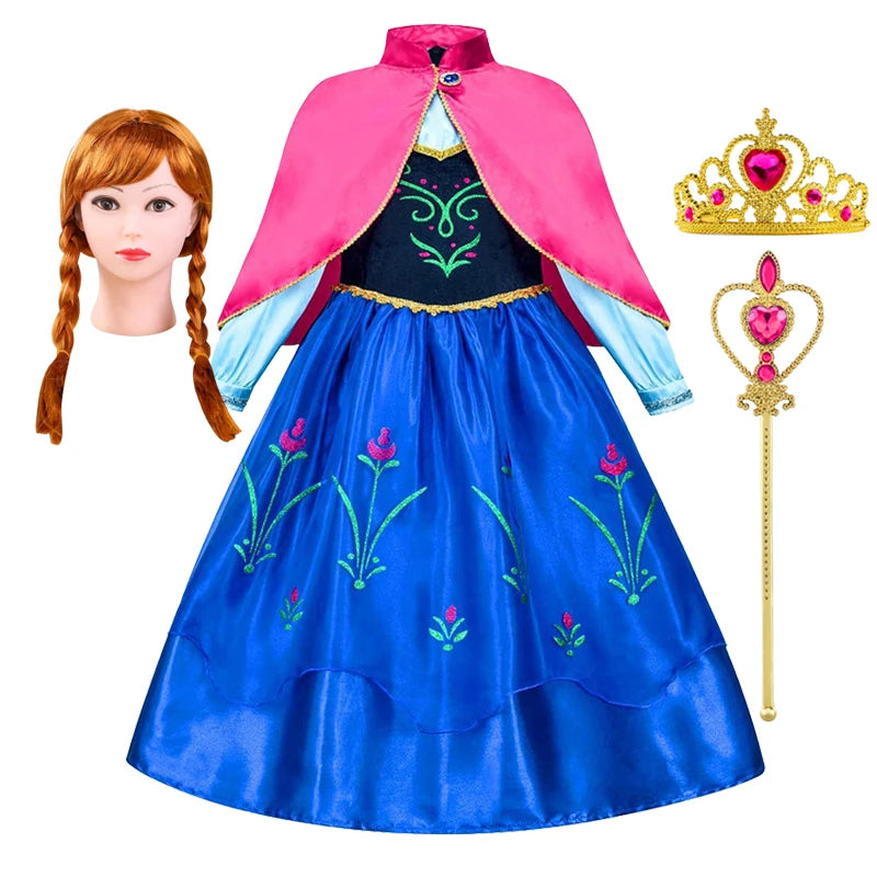 Frozen Anna Princess Girl Dress Halloween Cosplay 2025 Disney Party Costume Snow Queen Princess Clothes Children Outfit 2-10 Y