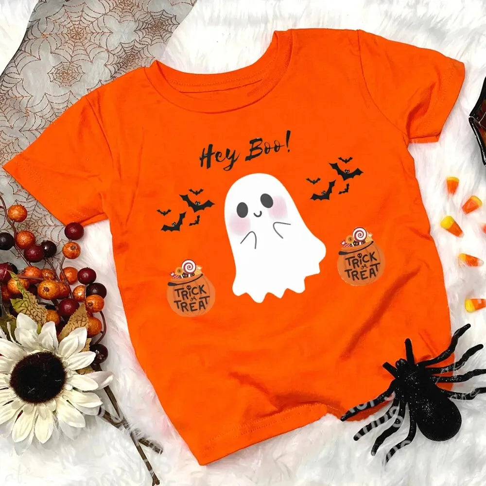 Halloween Print Kids Tee Tops Casual Short Sleeve Child Pumpkin Print Round Neck Tees Shirt Holiday Halloween Party Kid Clothes