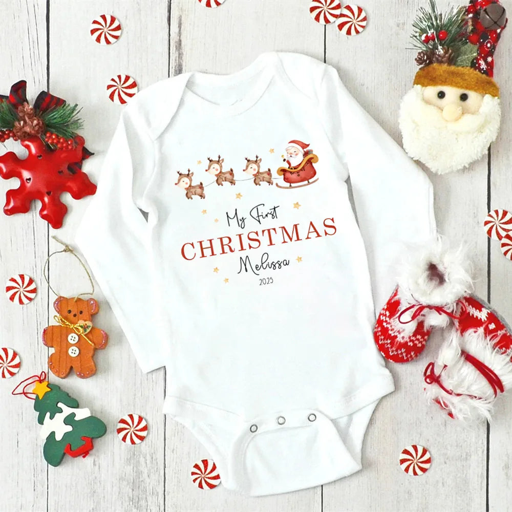 Personalised First Christmas Baby Outfit Newborn Baby Girls Boy Long Sleeve Cartoon Winter Romper My First Xmas Jumpsuit Outfit