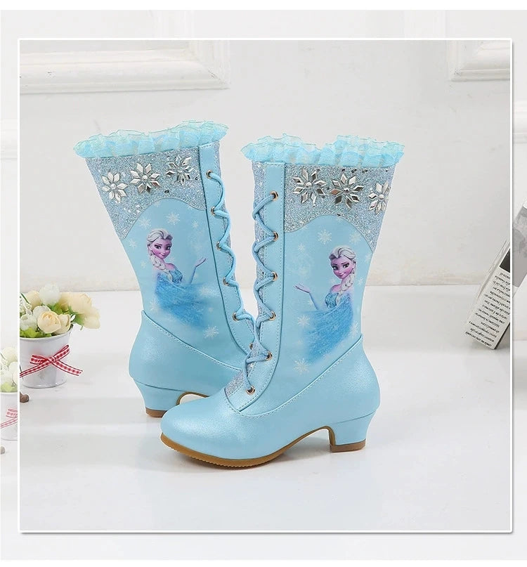 Disney Girls' Leather Boots Winter Frozen Boots Side Zipper High Plush Princess Elsa Boots Warm Children's Boots Size 27-37