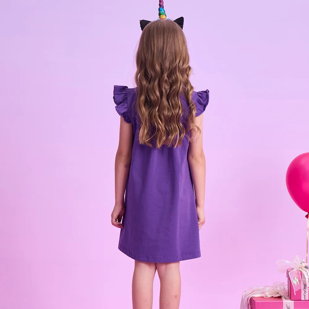 VIKITA Girls Summer Flare Sleeve Cotton Casual School Daily Frocks Purple Fairy Elf Butterfly Sequins Sparkling Straight Dress