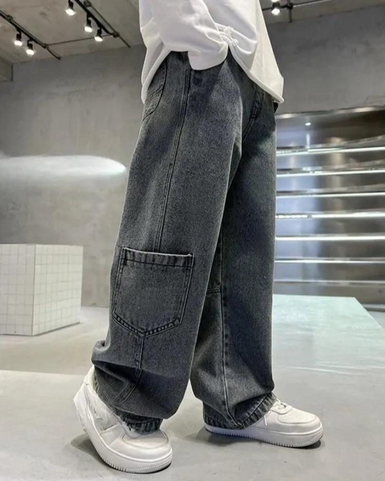 2025 Spring Boys' Wide-Leg Jeans Loose-Fit Trendy Streetwear for Kids Ages 8-14