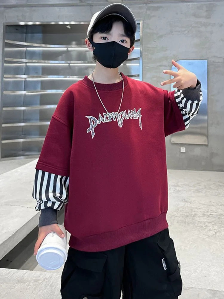 Boys' Medium-Large 2025 New Arrival No Hood Long Sleeve Fake Two-Piece Loose Fit Stylish Sweatshirt for Spring