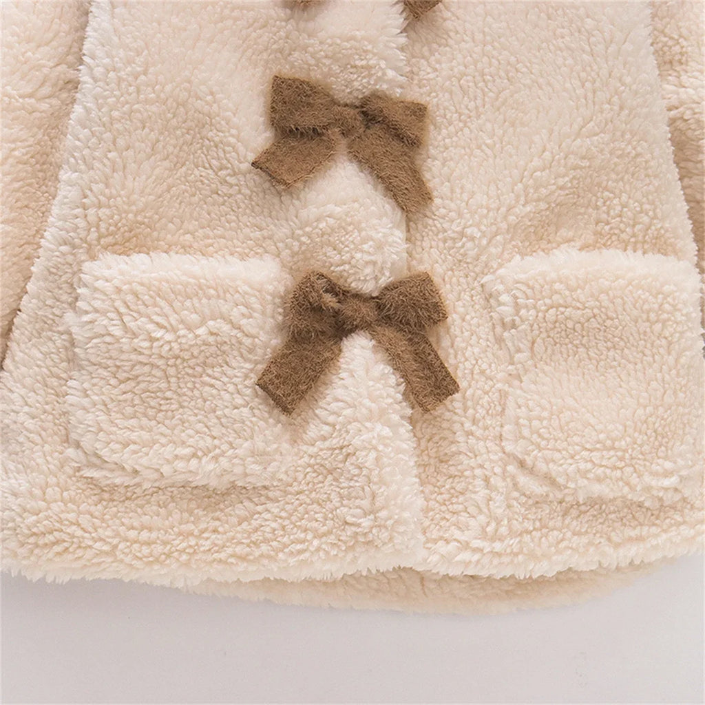 (0-3 Years Old Girls) Winter New Girls' Top Warm Furry Hat Bow Ribbon Warm Cute Hooded Bear Ears Long Sleeve Pocket