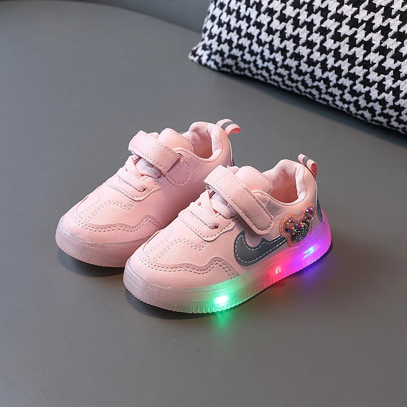 Kids'Casual Shoes Children Led Light Cartoon PU Leather Spring Anti-slip Soft Bottom Sneakers Black Pink Size 21-30