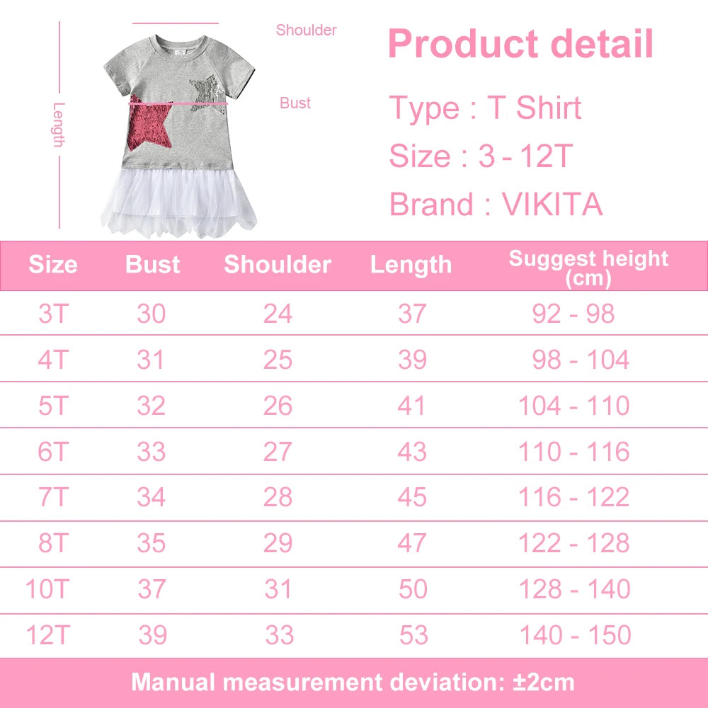 VIKITA Girls Star Sequined Appliqued O Neck Short Sleeve T Shirts Kids Summer Cotton Casual Daily Fashion Tees Tops Wear Clothes