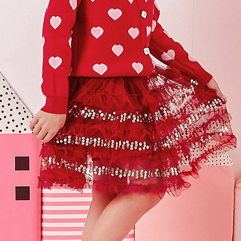 VIKITA Kids New Year Christmas Festival Red Sequined Skirts Girls Layered Mesh Tulle Tutu Cake Princess Mini Skirts Kids Clothes