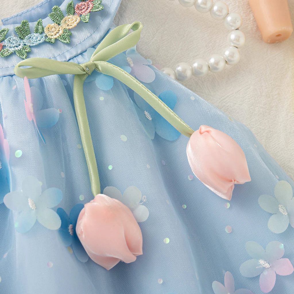 Summer New Floral Chiffon Baby Girl Princess Dress, Sweet Blue Children'S Clothing Suitable For Birthday Parties (0-4 Years Old)