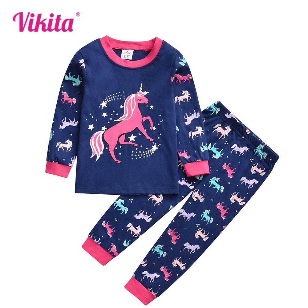 VIKITA Children Clothing Sets Kids Licorne Print Cotton Casual O Neck T Shirt and Pants 2 Pcs Suit Homewear Pajamas Kids Clothes