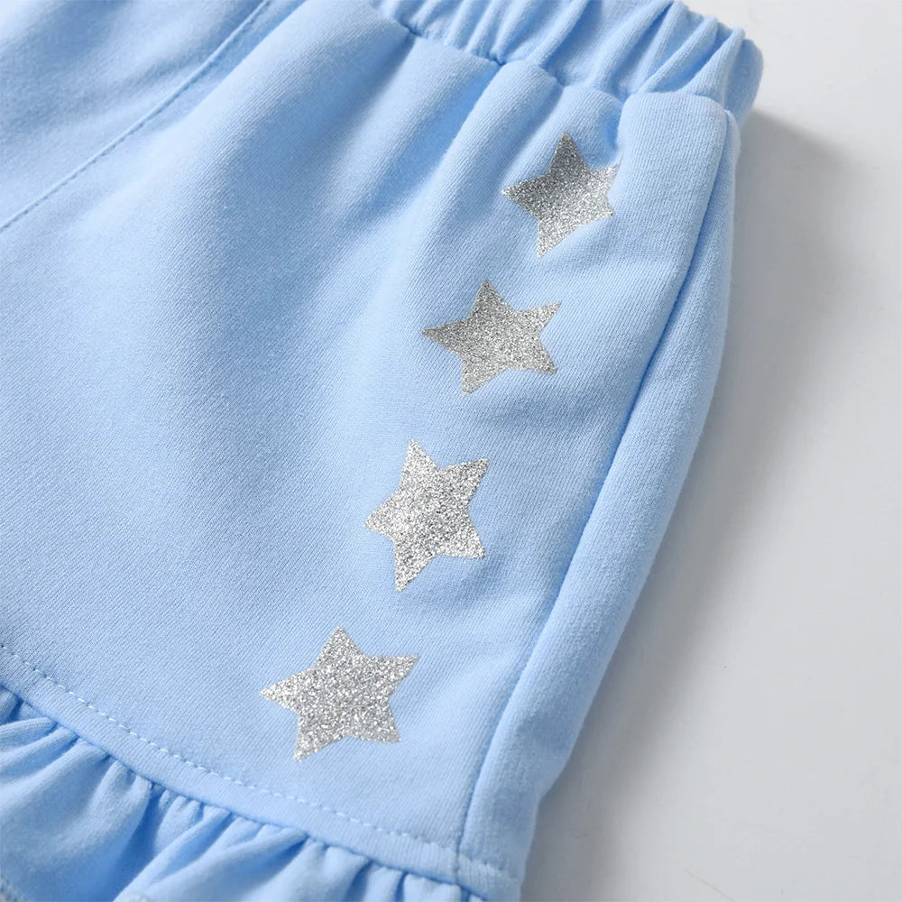 VIKITA Girls Clothing Sets for Summer Kids Unicorn Cartoon Print Short Sleeve Cotton T Shirt and Ruffles Shorts Pants 2 Pcs Suit