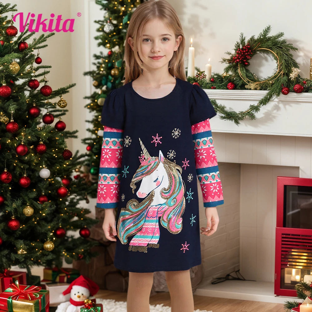 VIKITA Girls 2025 New Year Dress Kids Snowflakes Cartoon Christmas Xmas Cotton Casual Straight Dresses Gifts Children Clothing