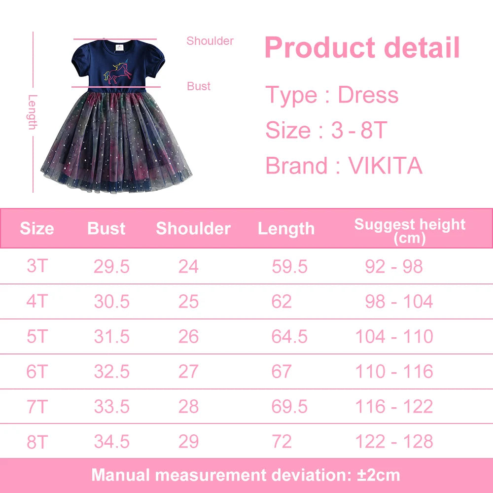 VIKITA Kids Summer Short Sleeve Princess Dress Girls Gradient Unicorn Embroidery Dress Children Birthday Party Casual Dresses