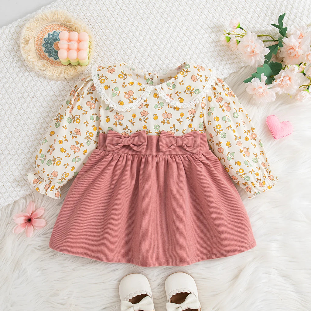 Spring And Autumn New Floral Long Sleeve Baby Girl Dress, Sweet Bow Fake Two Children'S Clothes (9 Months -3 Years Old)