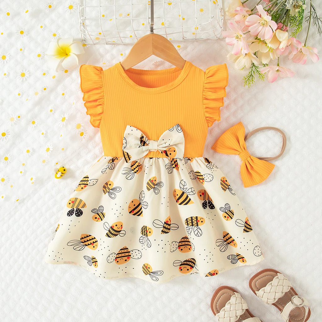 Summer New Yellow Little Fly Sleeve Baby Girl Dress, Cartoon Bee Print Children'S Sleeveless Clothes+Bow Headband (0-3 Years)