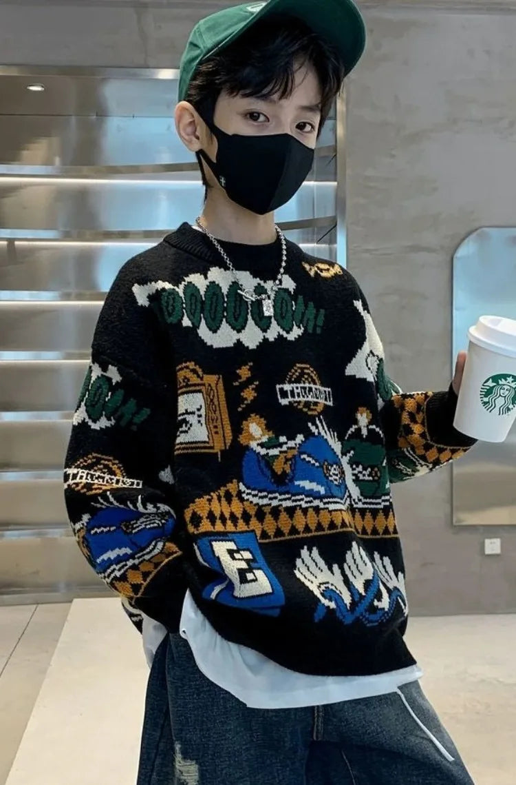 2025 New Boys' Autumn/Winter Fleece-Lined Thickened Pullover Knit Sweater - Warm Base Layer for Kids, Trendy & Cozy Design