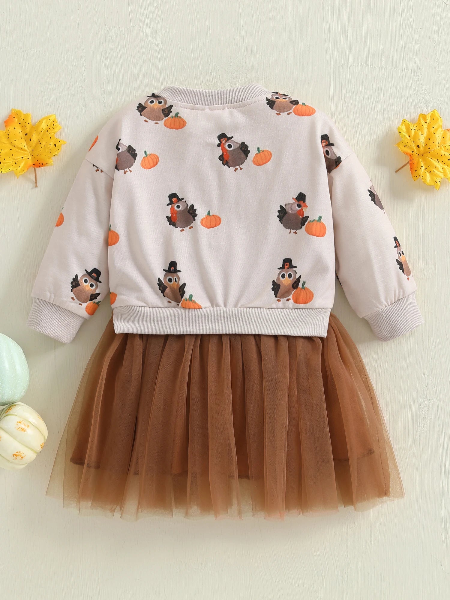 Toddler Girl Thanksgiving Tutu Dress Turkey Pumpkin Print Faux Two-Piece Crew Neck Long Sleeve Sweater Dress with Tulle