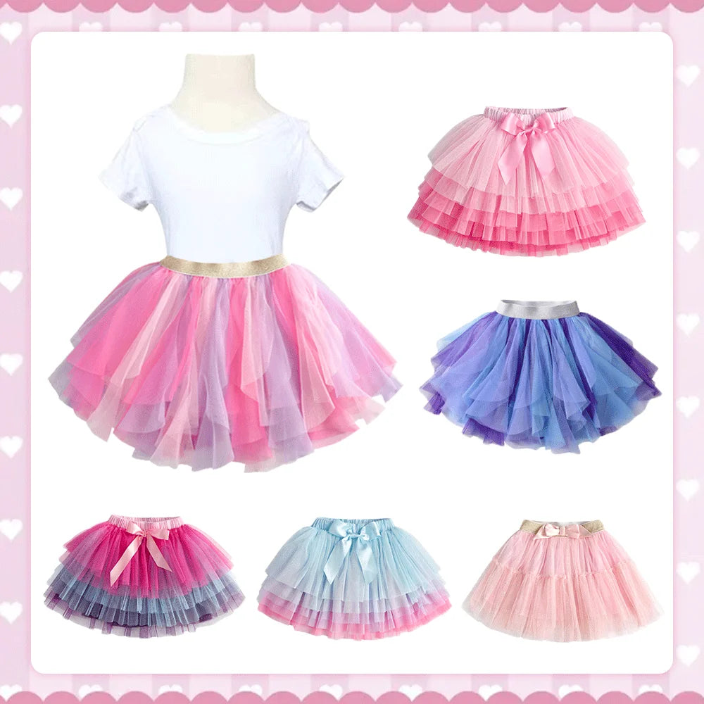 Girls Tutu Sequins Skirts Kids Clothes Bow Layered Skirts Princess Pleated Skirt Kids Mesh Skirt Girls Children Party Clothes