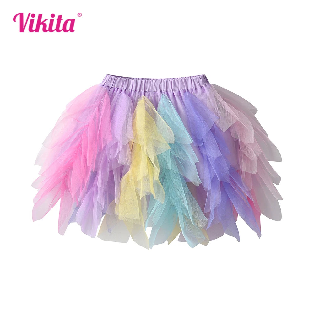 VIKITA Girls Rainbow Multicolor Tutu Skirt Kids Colorful Tulle Ballet Dance Princess Party Layered Mini Skirt 3-10Y Cute Outfit