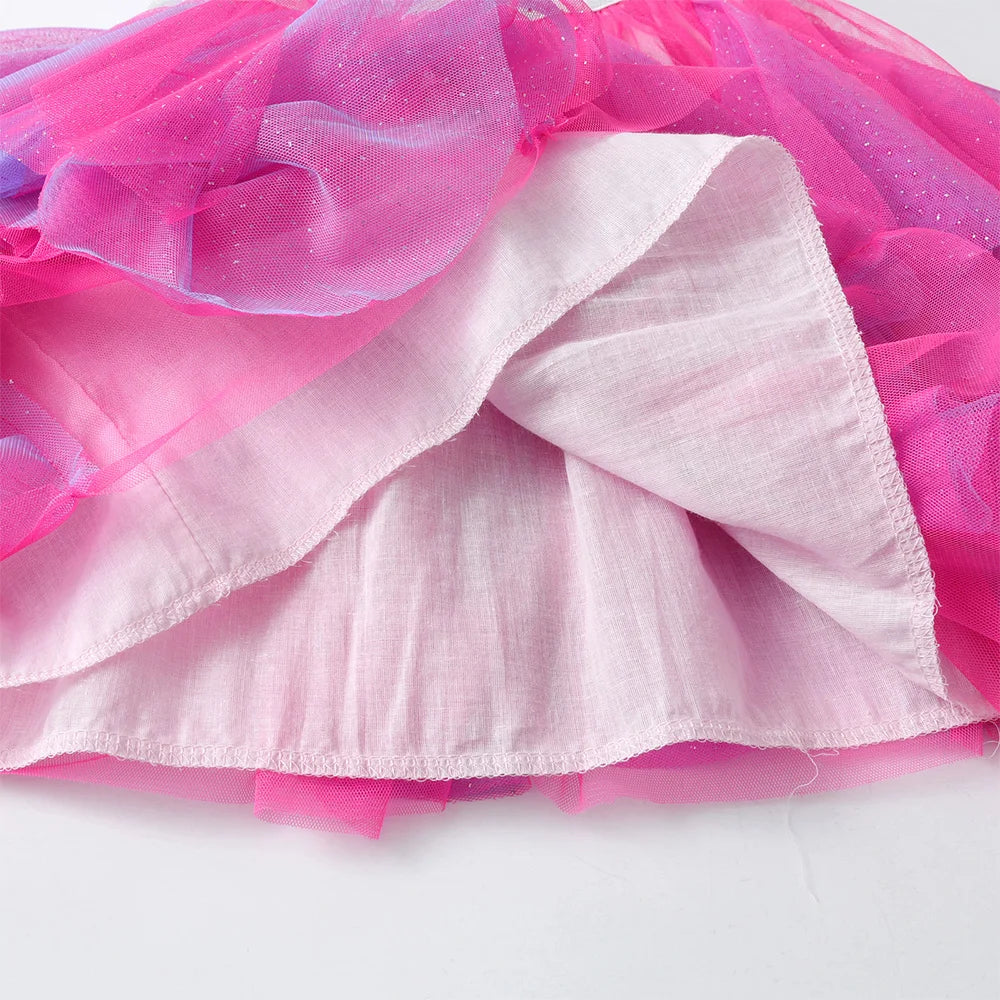 VIKITA Kids Short Sleeve Summer Dress Girls Unicorn Heart Design Dresses Kids Mesh Tulle Layered Cake Irregular Tutu Dresses