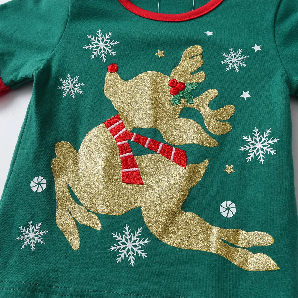 Girls Christmas Green Tops with Ruffle Sleeves Kids Reindeer Snowflake Print Soft Cotton Holiday Party Xmas Festival Tees Gift