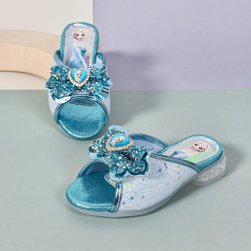 Disney Kids Princess Shoes Frozen Elsa Bowknot Low Heel Slippers Casual Baby Girls Party Wedding Leather Blue Shoes Size 27-36