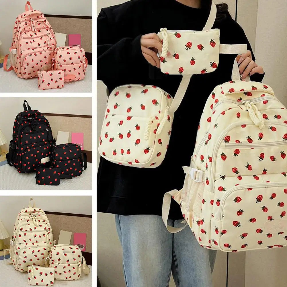 Corduroy Backpack three piece set Strawberry Print Daily Casual Backpack Niche Large Capacity Commuting Light Backpack
