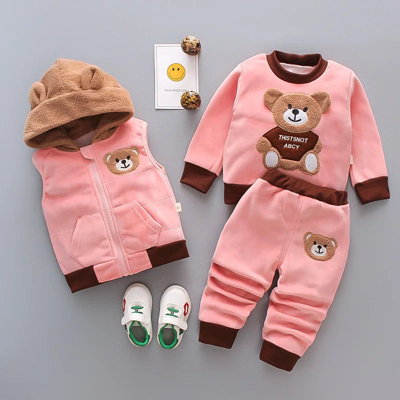 New Winter Baby Girls Clothes Suit Children Boys Thicken Warm Hooded Vest T-Shirt Pants 3Pcs/Set Toddler Costume Kids Tracksuits